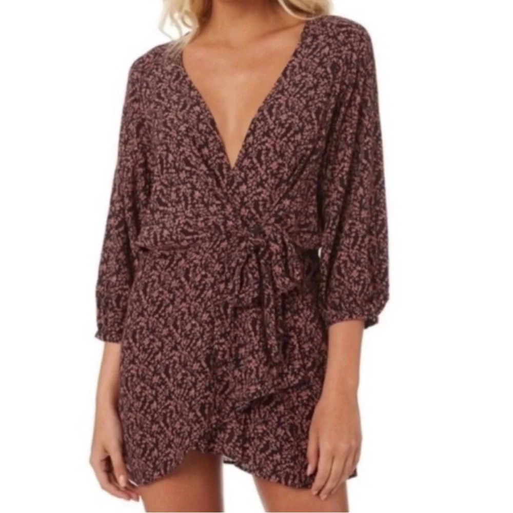 Free People Floral Tie Front Mini Dress Black Pink Boho V-Neck Size M‎
